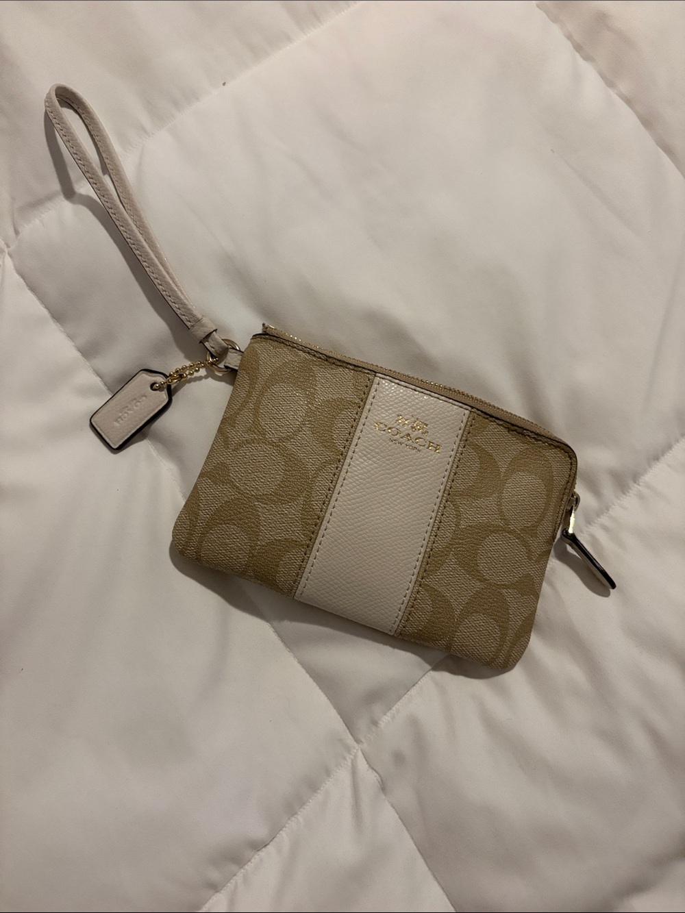 Coach Khaki Canvas Wristlet with Chalk Center Stripe